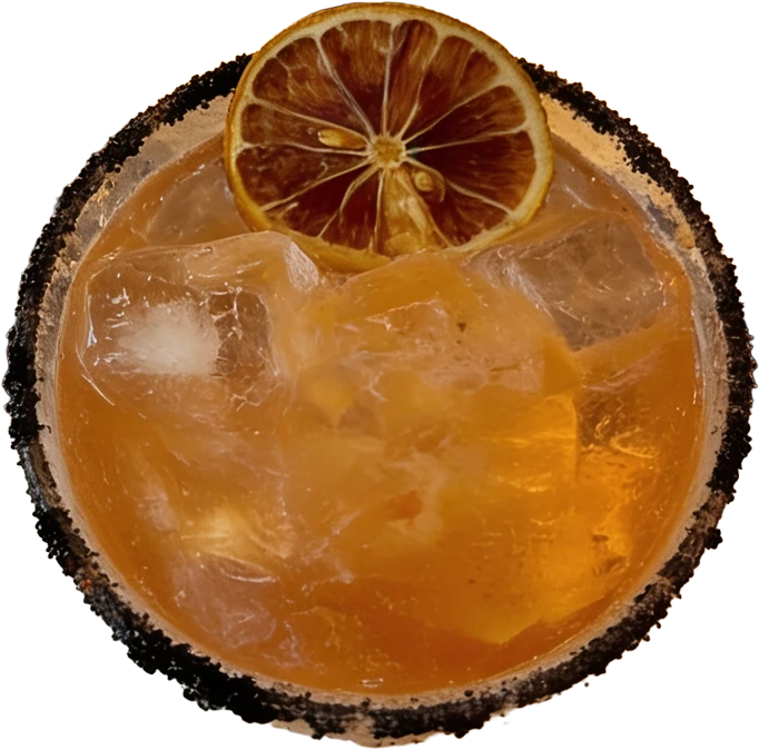 An amber Midnight Margarita with ice and a dried citrus wheel, in a dark-rimmed glass, seen from above