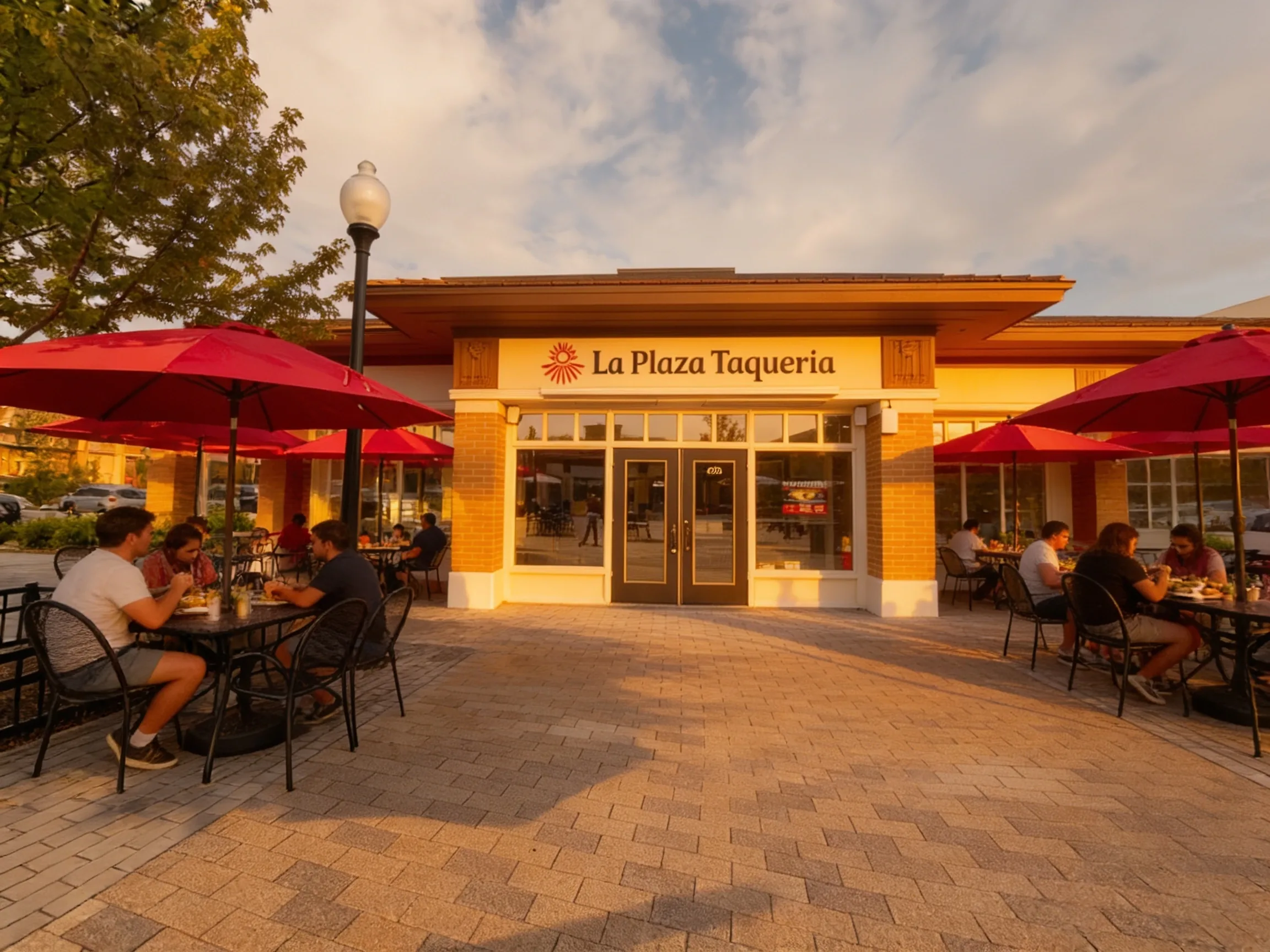 The La Plaza Taqueria storefront on Town Square in Wheaton at golden hour, with guests dining on the patio under red umbrellas